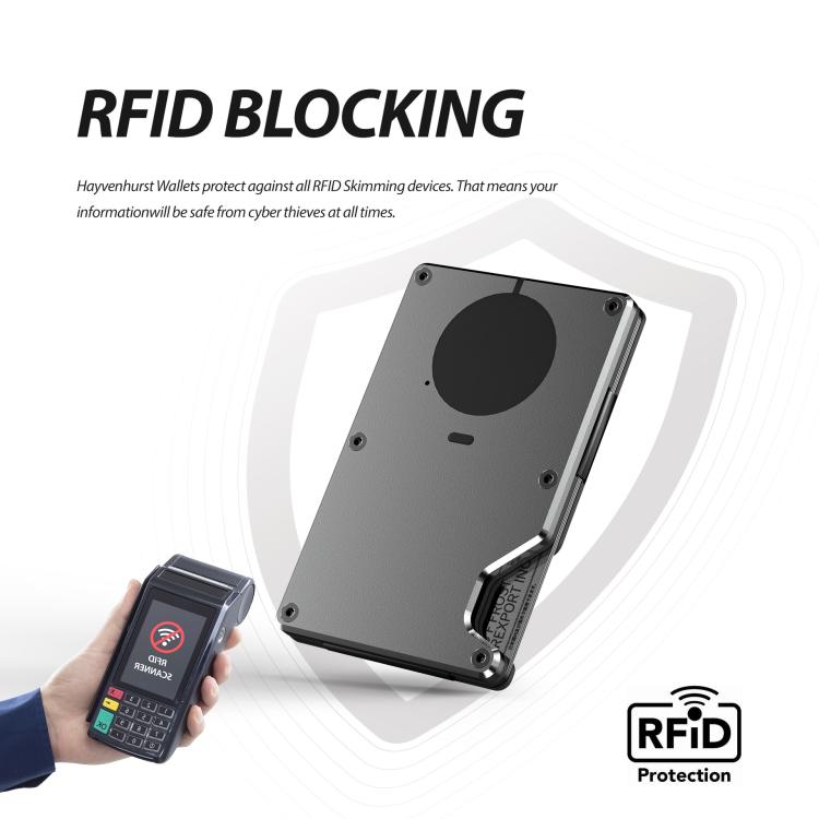 Gray metal RFID-blocking card holder with circular tracker module and side latch