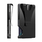Black metal card holder wallet shown from side view with card access window