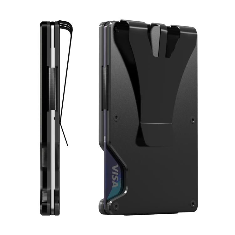 Black metal card holder wallet shown from side view with card access window