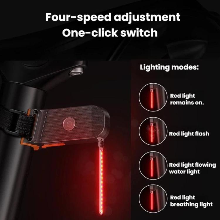 Bicycle tail light with multiple red lighting modes shown on the LED strip