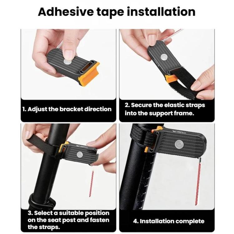 Bicycle tail light installation steps with adjustable strap and bracket on a post
