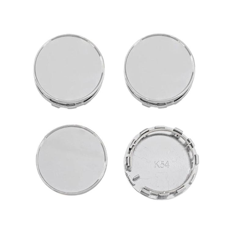 Set of four silver 54mm wheel center caps with snap-in rear clips