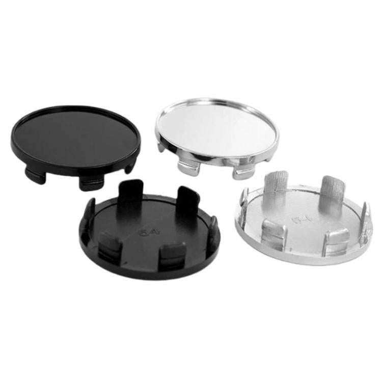 Set of 4 wheel hub center caps in black and silver, clip-on design.