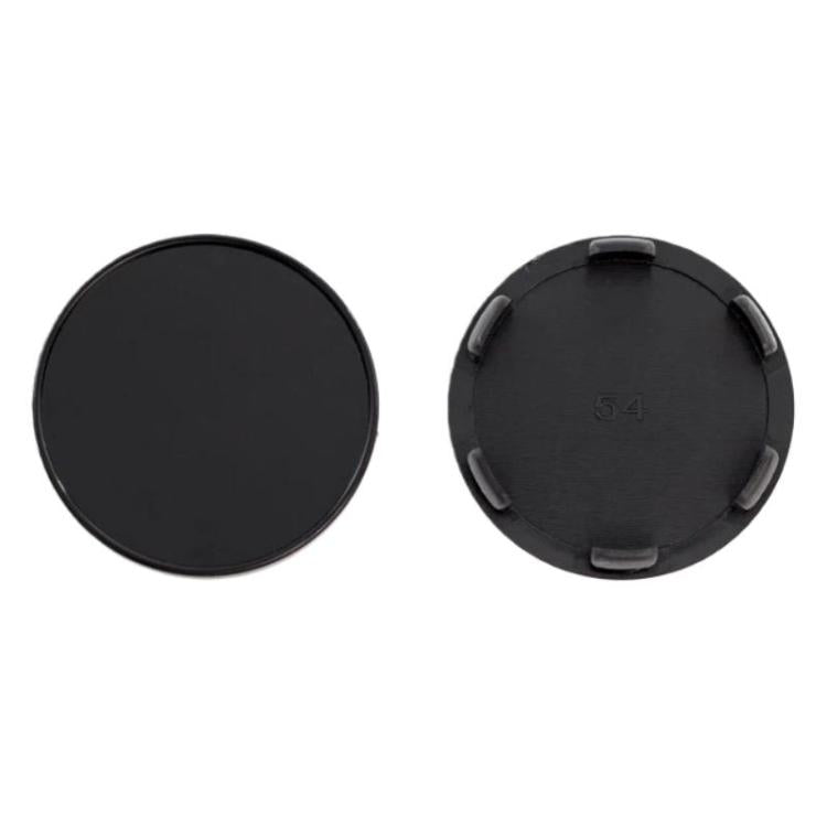 Black wheel hub center cap, front and back views with 54 marking.