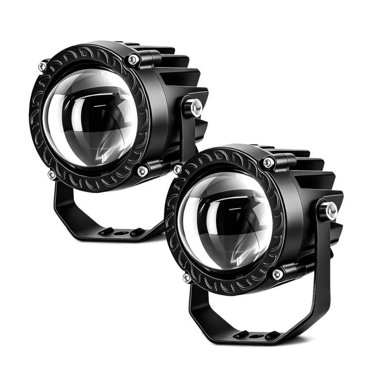 Pair of black round LED spotlights with glass lens and adjustable mounting brackets