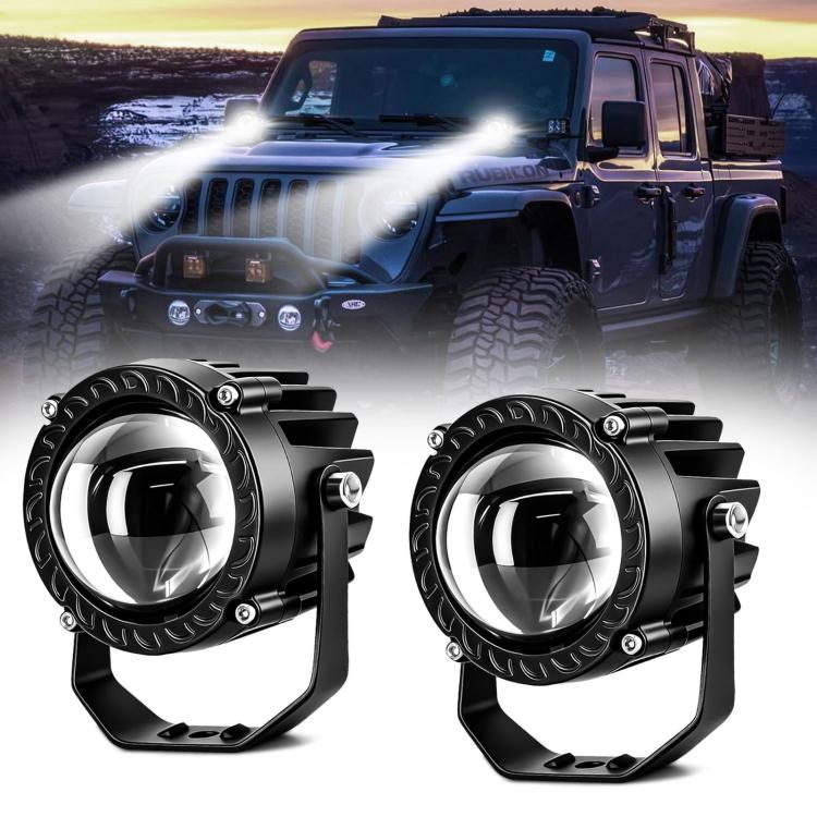 Pair of black round LED off-road spotlights with bright wide light beams