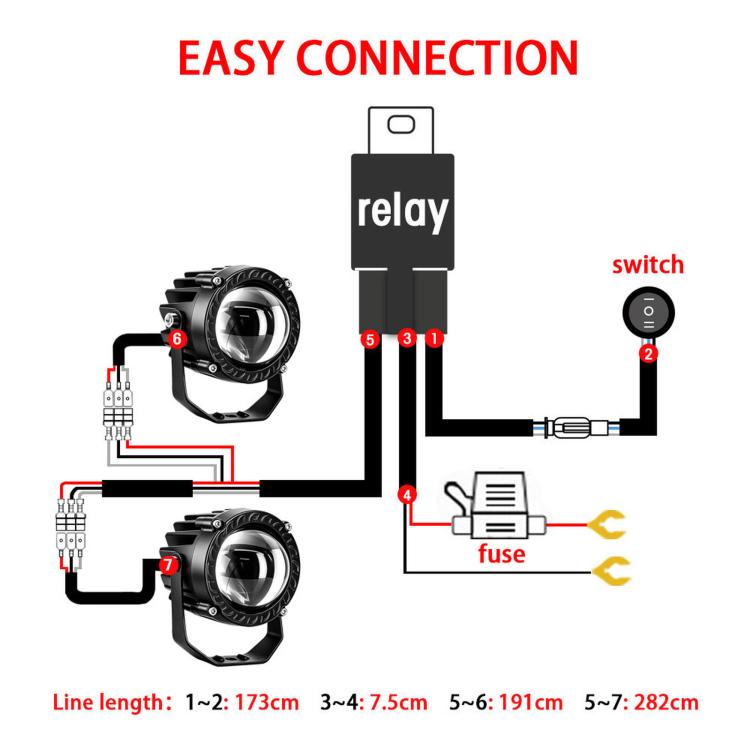 LED spotlight wiring diagram with relay, switch, fuse, and three-prong harness