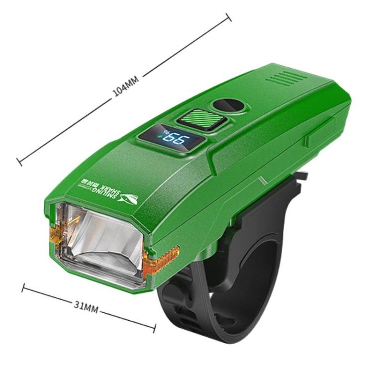 Green bike headlight with front lens, horn grille, and digital display panel