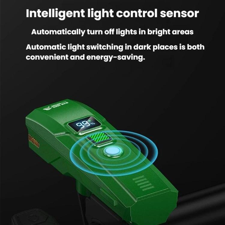 Green kids bike headlight with light-control sensor and automatic switching glow