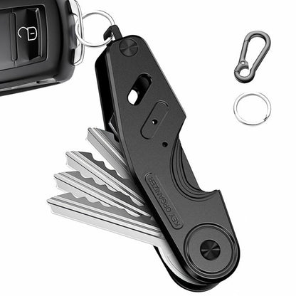 Black aluminum key holder clip with key fob attachment and folded key tool