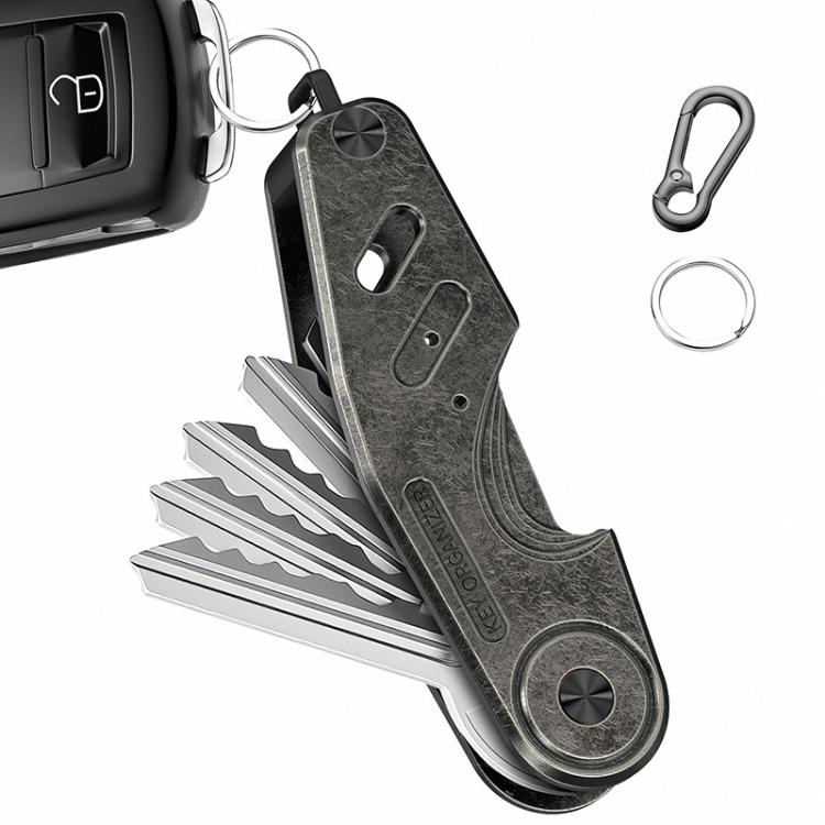 Gray aluminum key holder clip with key fob attachment and folded key tool