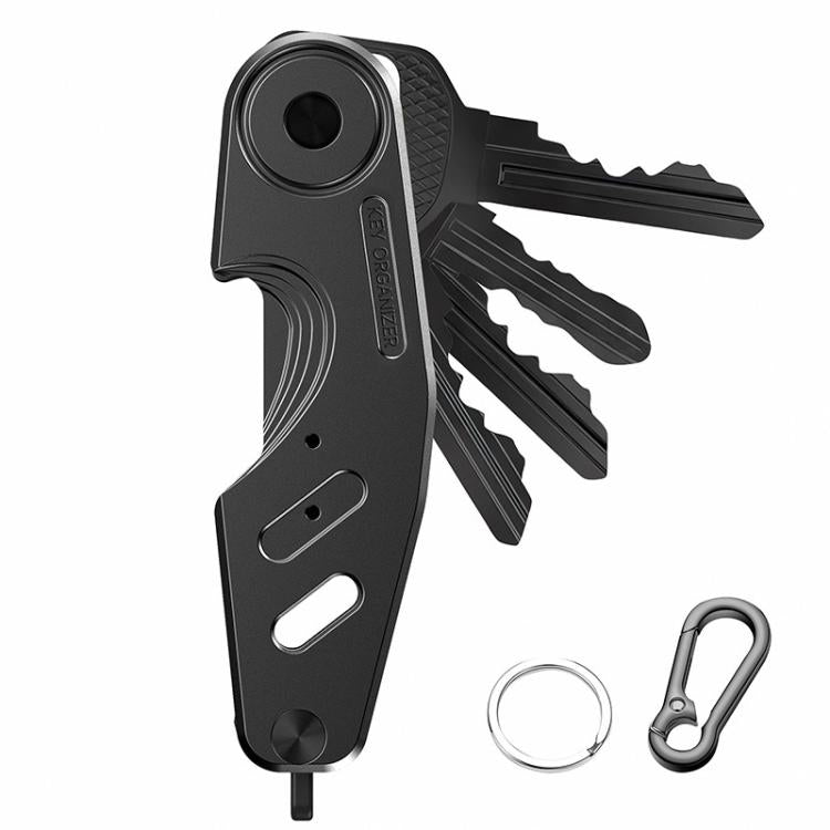 Black aluminum key holder clip with multiple keys and key ring loop