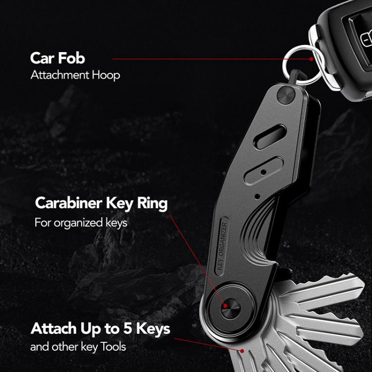 Black aluminum key holder clip with car key ring and attachment hoop