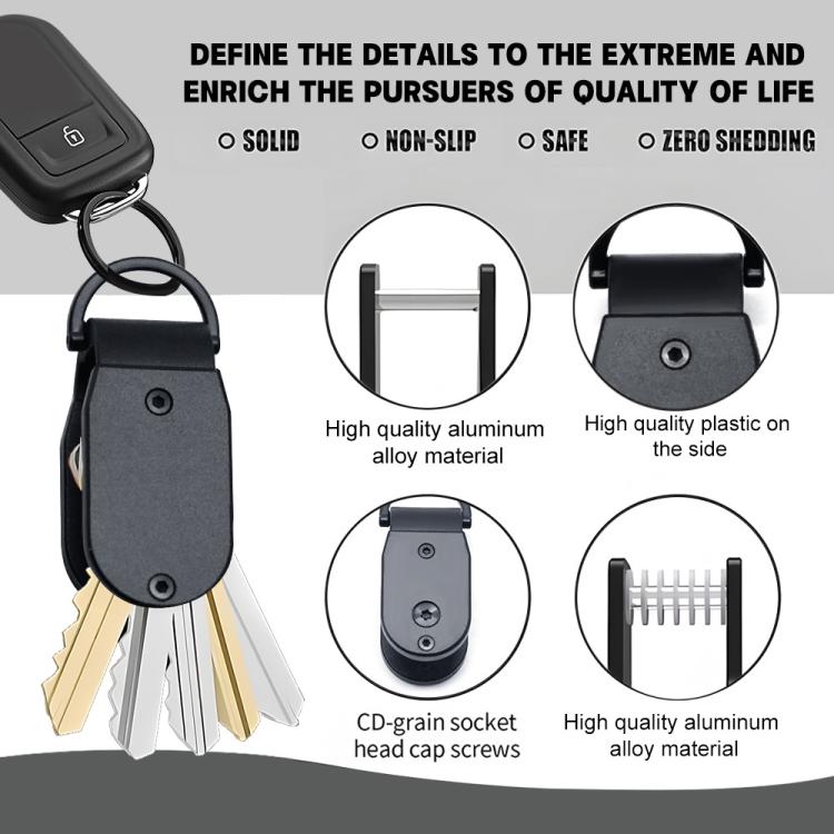 Dark mini key holder showing aluminum material callouts and key ring
