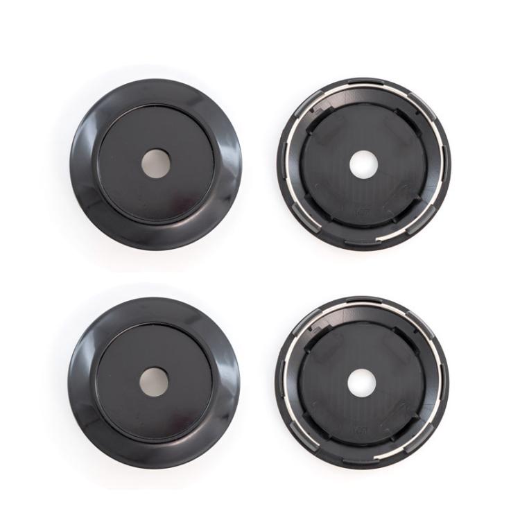 Set of 4 black wheel center caps with silver edge ring and round center hole