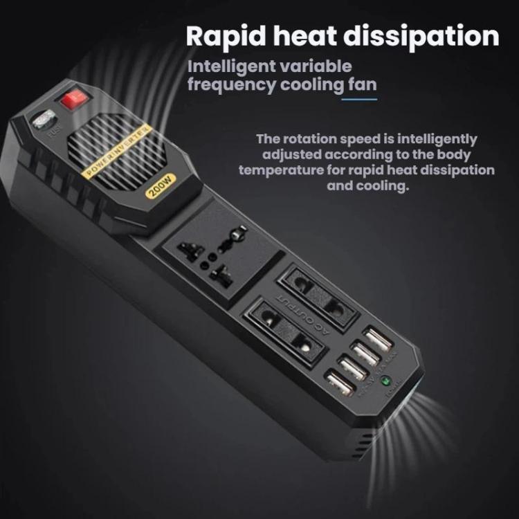 Black car inverter with vented cooling fan and multi-port power panel