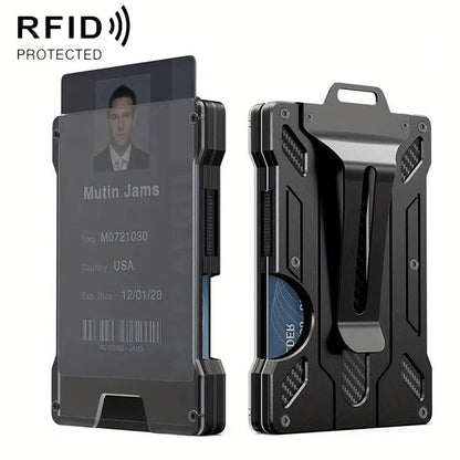 RFID badge holder wallet with clear window, dark metal shell, belt clip