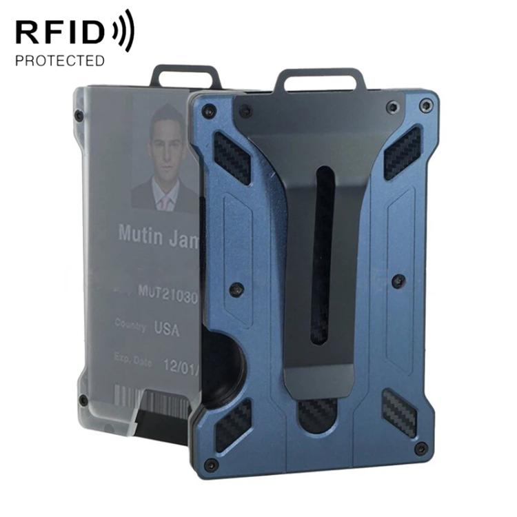 RFID badge holder wallet with clear window, blue metal shell, belt clip