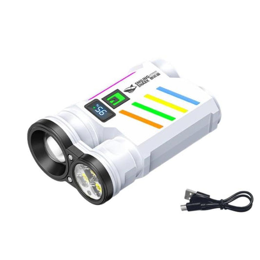 White dual-head portable digital display flashlight with focus and flood lenses