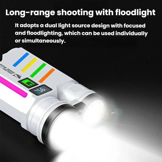 White dual-light flashlight projecting a bright beam from twin front lenses