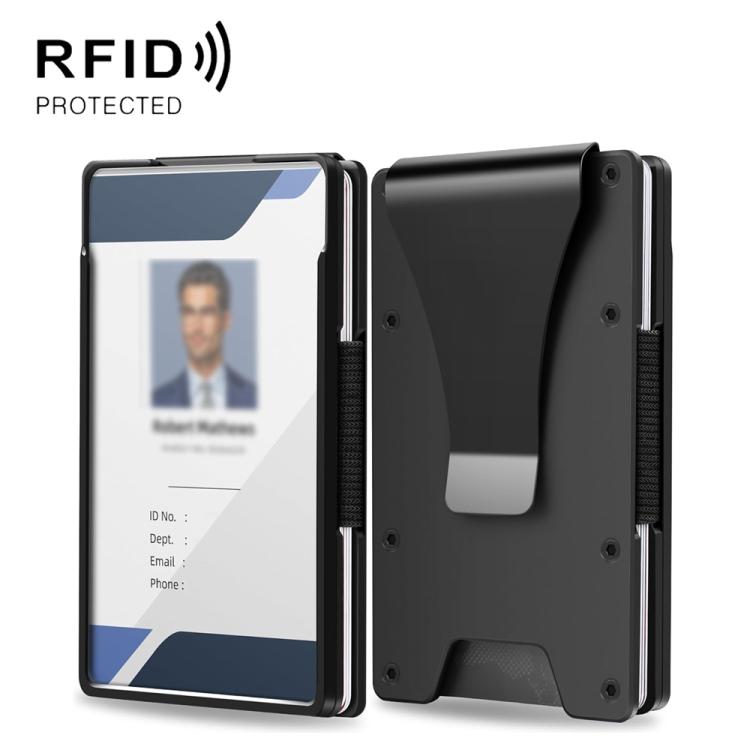 Black aluminum RFID card wallet badge holder with integrated back plate, open