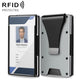 Gray aluminum badge holder card wallet with RFID protection, front and back shown