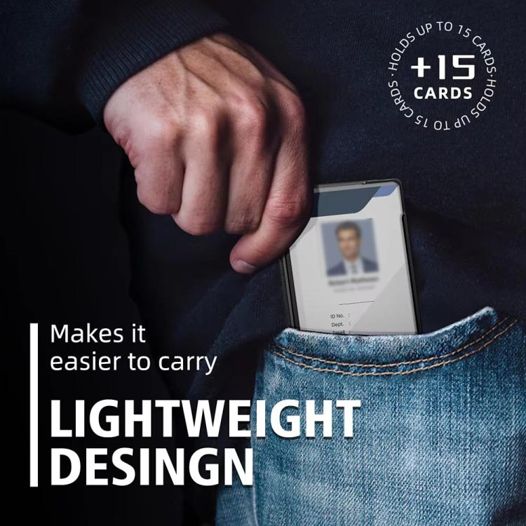 Black aluminum RFID badge holder card wallet clipped in a denim pocket