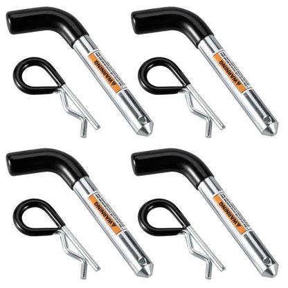 Rust-resistant trailer hitch pin set with black grips and silver shanks, plus R-clips