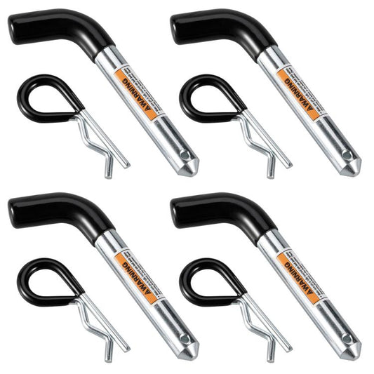 Rust-resistant trailer hitch pin set with black grips and silver shanks, plus R-clips