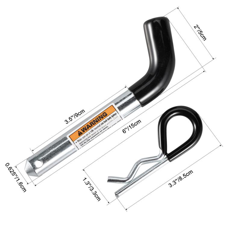 Trailer hitch pin and R-clip with curved black handle and silver tapered end