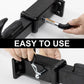 Trailer hitch pin inserted into hitch receiver, black grip held by hand