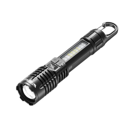 Black zoomable flashlight with LED lens head, side control panel, and metal key ring loop