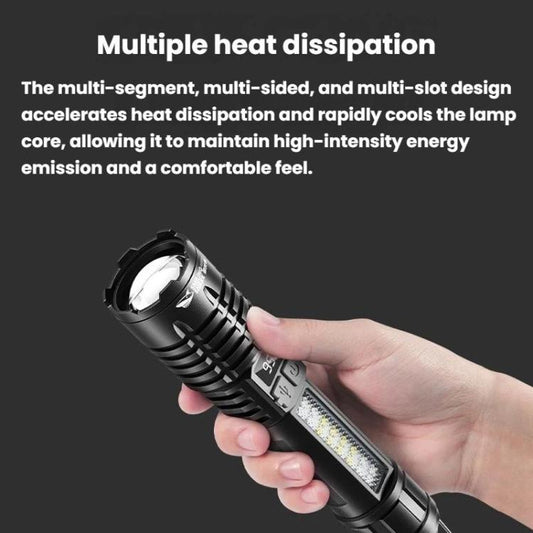 Black handheld zoomable flashlight held in hand, showing side control buttons