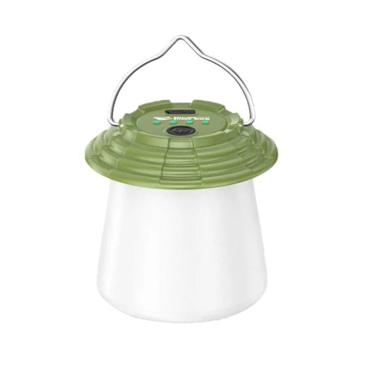 Green rechargeable hanging camping lantern with handle and white light base