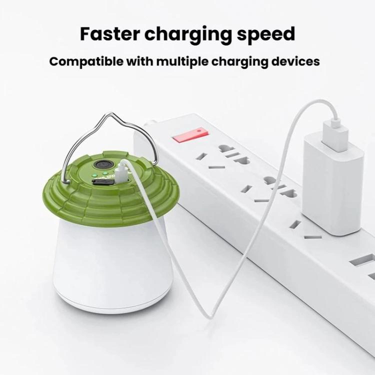 Green camping lantern charging with cable connected to power adapter