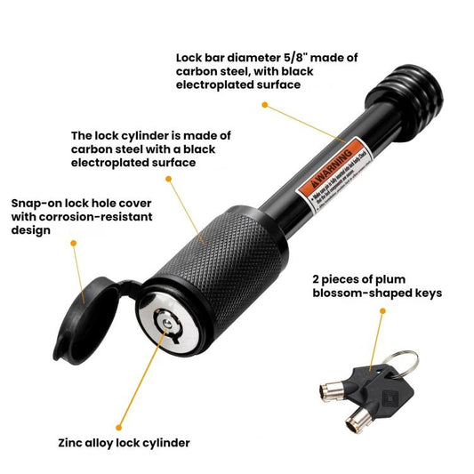 Black hitch lock with snap-on lock hole cover and two brass keys