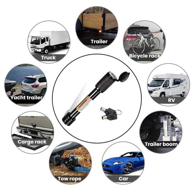 Black hitch safety lock shown with assorted vehicle mounting examples