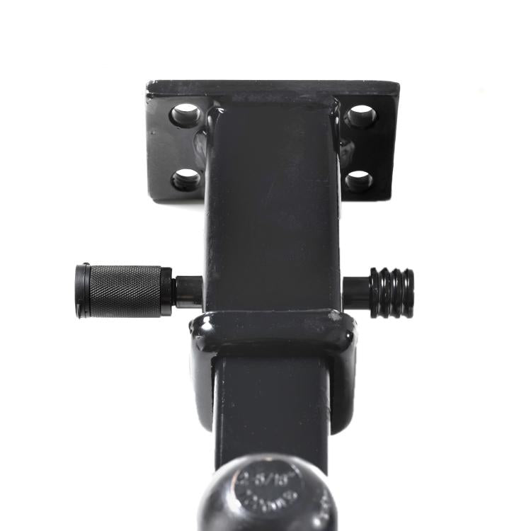 Black hitch lock bracket with textured grip and square-tube connection