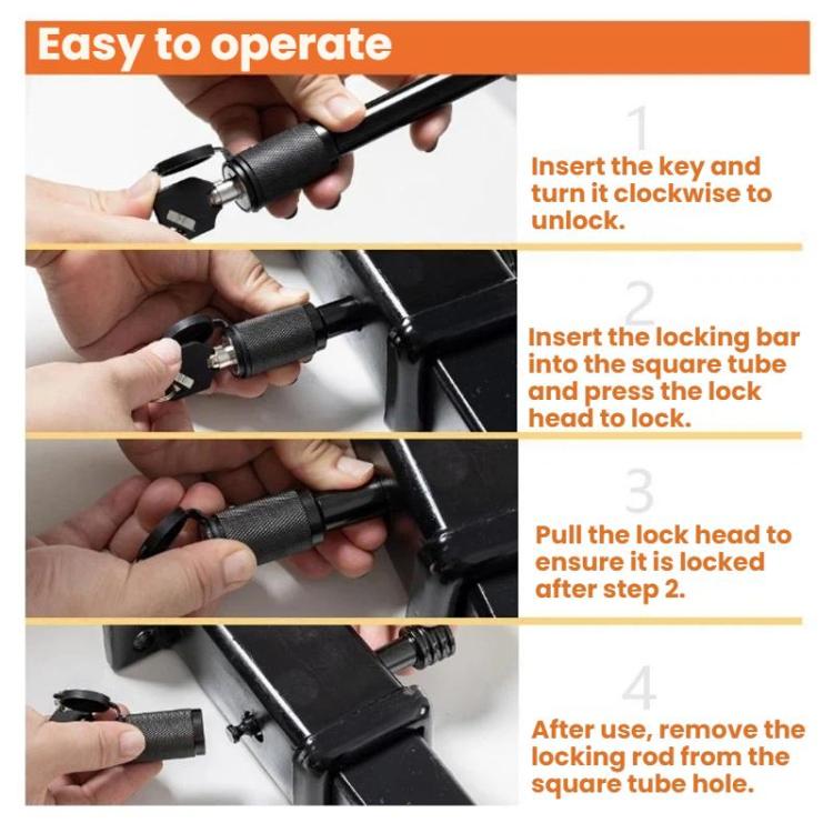 Hitch lock operation steps showing key insertion and lock bar alignment