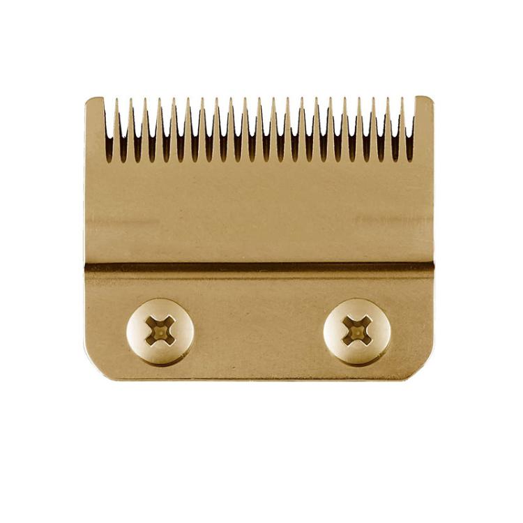Gold replacement clipper blade head with two screws and a row of cutting teeth