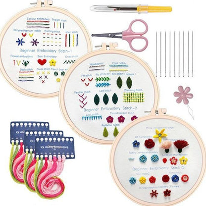 3-In-1 Embroidery Starter Kit For Beginners DIY Stitch Practice Sampler With English Instructions