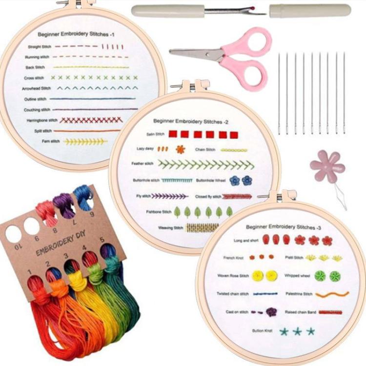 3-In-1 Embroidery Starter Kit For Beginners DIY Stitch Practice Sampler With English Instructions
