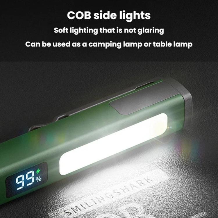 Green flashlight with glowing rectangular side light and power display