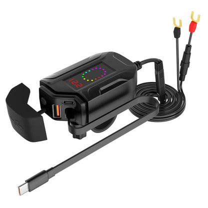 Motorcycle phone charger with retractable USB-C cable and rugged black housing