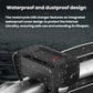 Black motorcycle phone charger with cable and water droplets on weatherproof housing