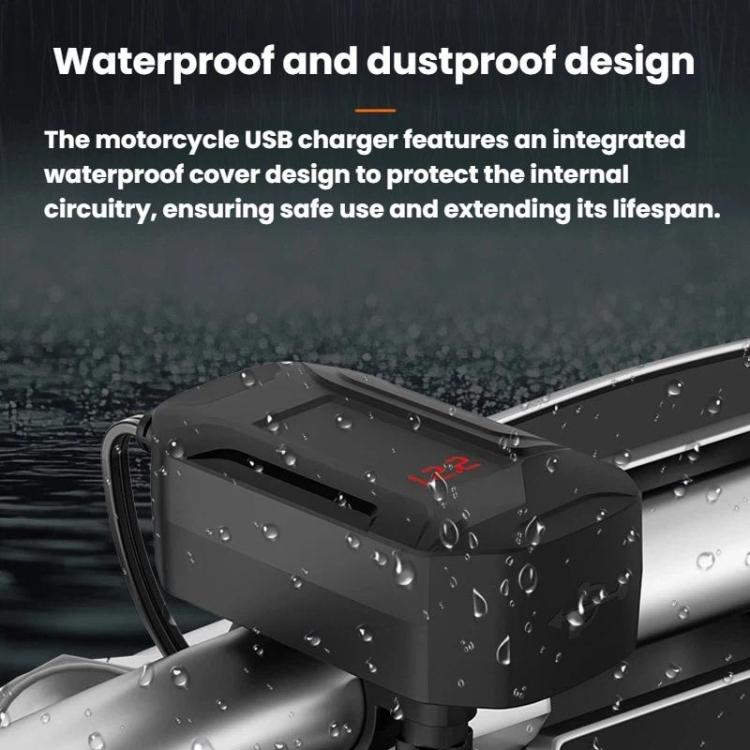 Black motorcycle phone charger with cable and water droplets on weatherproof housing