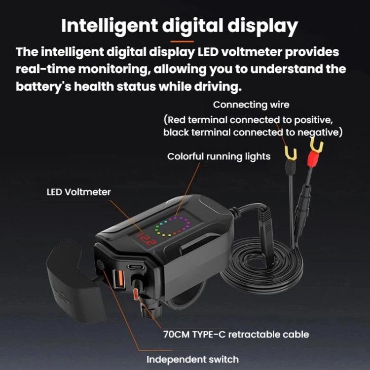 Motorcycle USB charger with LED voltmeter display and retractable cable