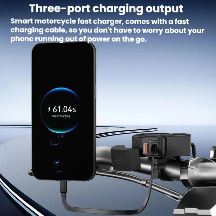 Motorcycle phone charger with three charging ports and retractable cable
