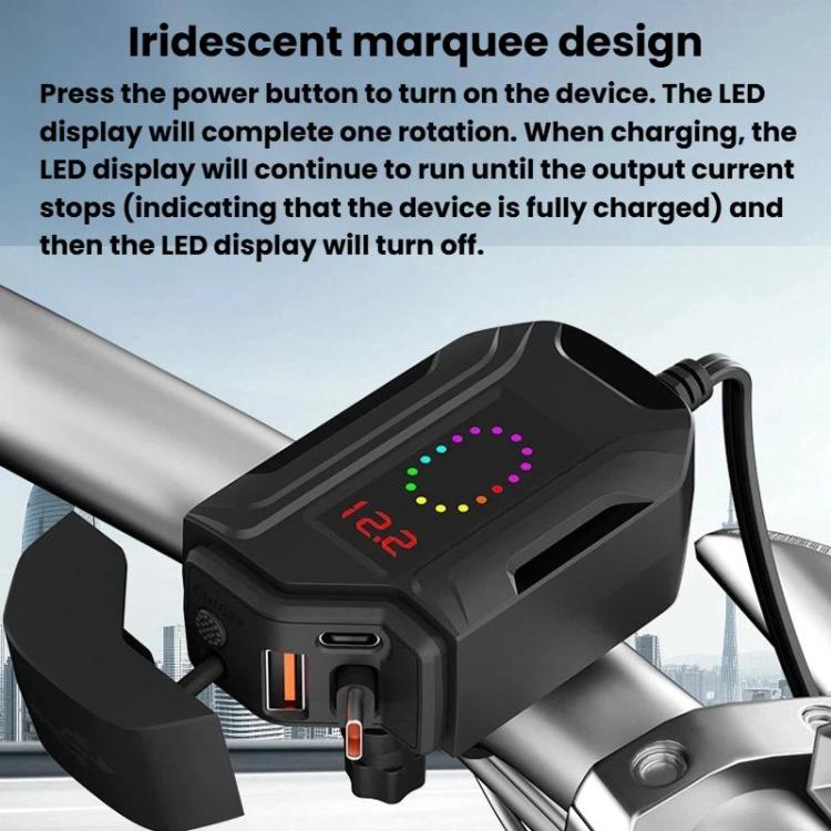 Motorcycle phone charger with rotating LED display and retractable USB-C cable