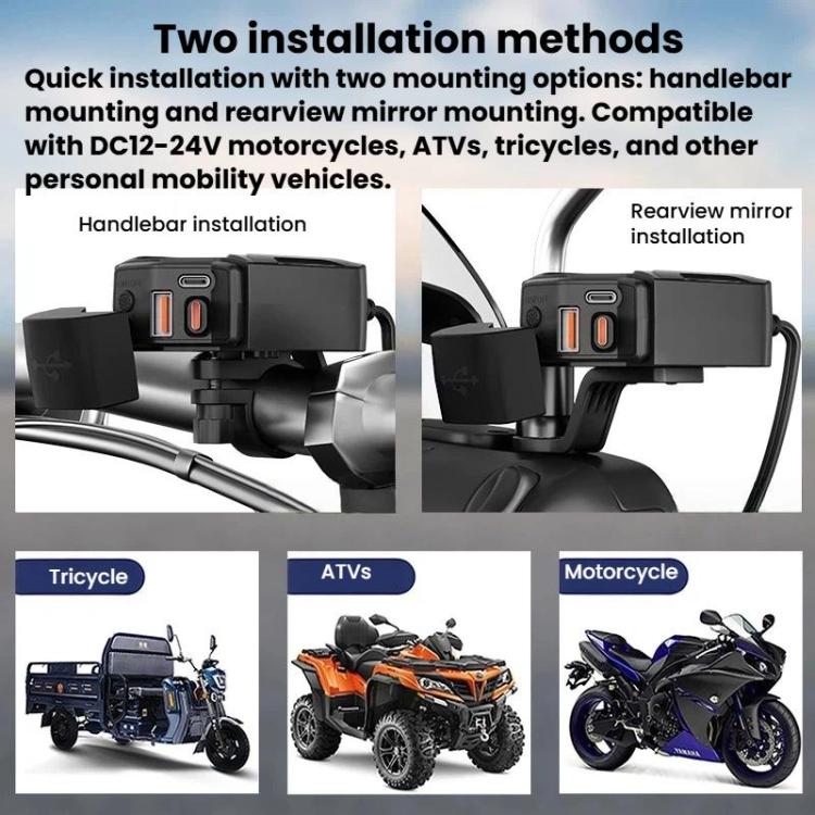 Motorcycle phone charger with bracket mounts for handlebar or rearview mirror